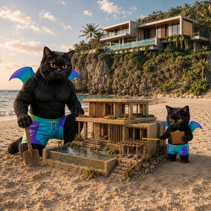 A surreal digital image of two anthropomorphic black cats in swim trunks standing on a beach next to a detailed sandcastle, with a modern cliffside house in the background.