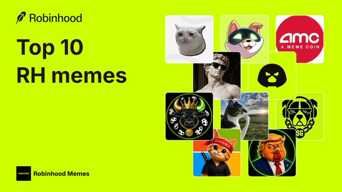 The image is a promotional graphic from Robinhood titled "Top 10 RH memes," featuring a collage of meme coin icons—including cats (Cashcat, Cheems), dogs (Doge), Pepe, AMC, a statue bust, a "CSG" globe, and an orange character—displayed on a bright green background. It serves as a visual teaser for the accompanying post highlighting notable meme coins like $CASHCAT, $AI, $MEME, $BONER, $JUGGERNAUT, and $DOGO on the Robinhood platform.
