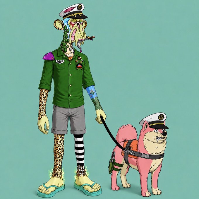 Illustration of a tall, grotesque humanoid character in a green military shirt, captain's hat, and mismatched leg coverings (leopard print and striped) holding a leash attached to a pink Shiba Inu service dog wearing 'POLICE' harness.