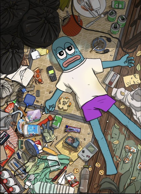 A cartoon of a blue-skinned character lying spread-eagle in a messy room filled with trash bags, soda cans, a Game Boy, "Lucas Nuttys" snacks, and various discarded items.