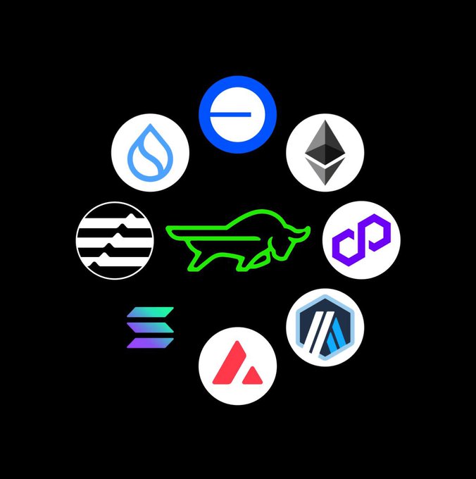 A black graphic featuring various cryptocurrency logos arranged in a circle around a green bull silhouette, including Sui, Base, Ethereum, Aptos, and Solana symbols.