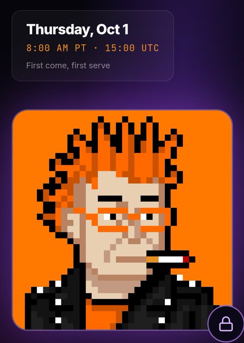 A pixel-art portrait of a red-haired, cigarette-smoking character on an orange background, with a notification card reading "Thursday, Oct 1, 8:00 AM PT · 15:00 UTC, First come, first serve." The image promotes an upcoming October 1st mint of Shielded Naka (the first shielded ordinals on Bitcoin), with the pixel character likely representing the project's mascot.