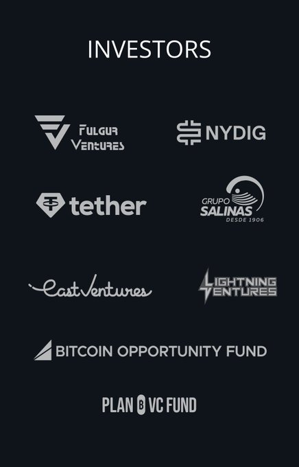A black graphic displays the heading "INVESTORS" above logos of notable Bitcoin and crypto-focused investment firms, including Fulgur Ventures, NYDIG, Tether, Grupo Salinas, East Ventures, Lightning Ventures, Bitcoin Opportunity Fund, and Plan B VC Fund. The image relates to the post about the "BIP-110 crowd" by showcasing the prominent institutional investors in the Bitcoin ecosystem, implying that despite critics' attempts to undermine Bitcoin, major investors continue to back it.
