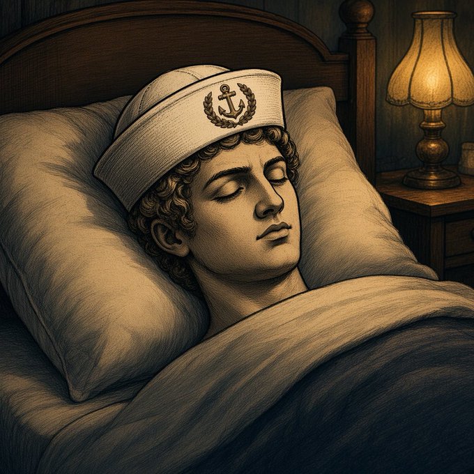 A detailed sketch-style illustration depicting a classical statue bust wearing a modern white sailor's hat with an anchor emblem, peacefully sleeping in a bed next to a glowing bedside lamp.