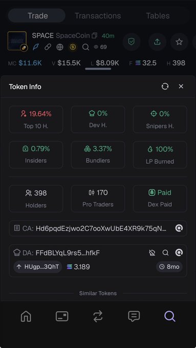 A mobile trading app screen showing token info for 'SpaceCoin' (SPACE) with metrics including 19.64% top 10 holdings, 398 holders, and contract addresses.