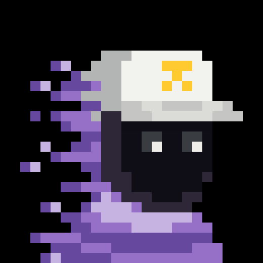 Pixel art of a dark, ghost-like figure wearing a white cap with a yellow symbol, partially dissolving into purple pixels on a black background.