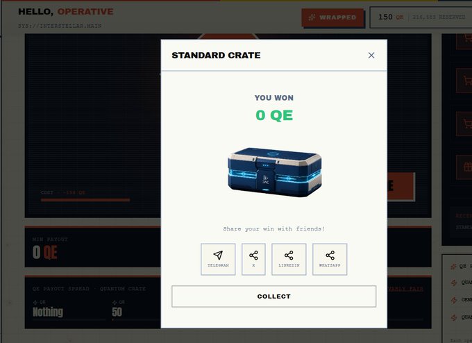 A screenshot of the "inception.dac.network" website displays a pop-up window showing a "STANDARD CRATE" result of "YOU WON 0 QE," with sharing options for Telegram, X, Livecoin, and what appears to be WhatsApp, alongside a humorous "COLLECT" button highlighting the disappointing zero-quantum earnings win.