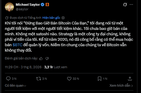 A screenshot of a tweet by Michael Saylor (@saylor) discussing his bitcoin strategy, mentioning Strategy, not selling, and never selling shares to buy or sell BTC.