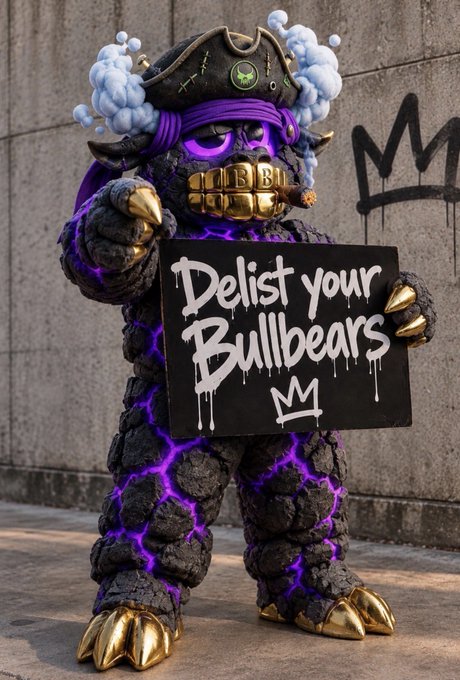 A dark, rocky statue of a bear with purple glowing cracks, gold teeth, and a pirate hat holds a sign reading 'Delist your Bullbears' with a small crown drawing.