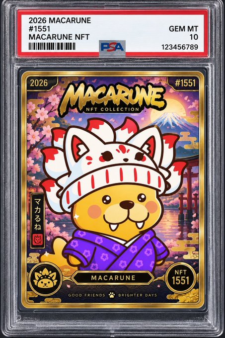 A PSA-graded (GEM MT 10) NFT trading card labeled '2026 MACARUNE #1551 MACARUNE NFT' featuring a cartoon dog character wearing a samurai-style helmet and purple kimono, with the tagline 'GOOD FRIENDS BRIGHTER DAYS.'