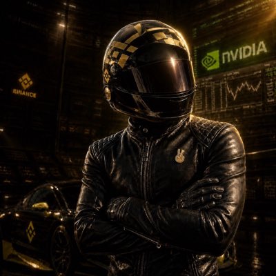 A person in a black leather jacket and patterned helmet stands with crossed arms in front of a stock chart backdrop featuring "NVIDIA" and "BINANCE" logos, reflecting the post's theme of using AI to blend crypto-trading aesthetics with personal feng shui analysis for a new profile picture.