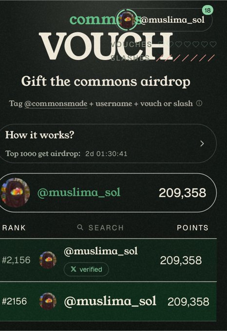 A screenshot of a 'commons' app interface showing a 'VOUCH' section for gifting airdrops, with '@muslima_sol' ranked #2,156 with 209,358 points.