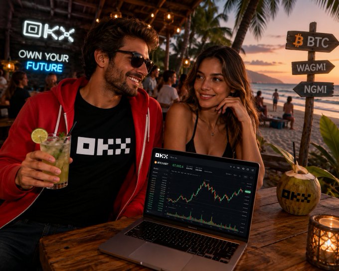 A couple relaxes at a tropical beach bar with OKX-branded merchandise, including a laptop displaying a BTC/USDT candlestick chart at 67,693.2 and a neon "OKX - Own Your Future" sign, while a coconut labeled "OKX" and a signpost pointing to "BTC," "WAGMI," and "NGMI" reinforce the crypto trading theme highlighted in the testimonial about OKX's secure MiCA-compliant services across Europe.