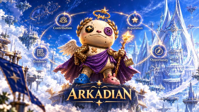 A fantasy game character called 'ARKADIAN' depicted as a stitched angel doll holding a star-tipped staff, surrounded by icons for Contribution, Reputation, Opportunity, and Evidence against a magical castle background.
