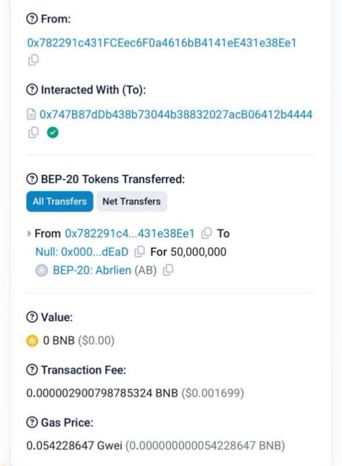 A BscScan transaction record showing 50,000,000 BEP-20 Abrien (AB) tokens sent from address 0x782291c...31e38Ee1 to a null (0x000...dEaD) burn address, with a 0.001699 transaction fee—supporting the post's claim of a 5% token burn for the BNB community airdrop.