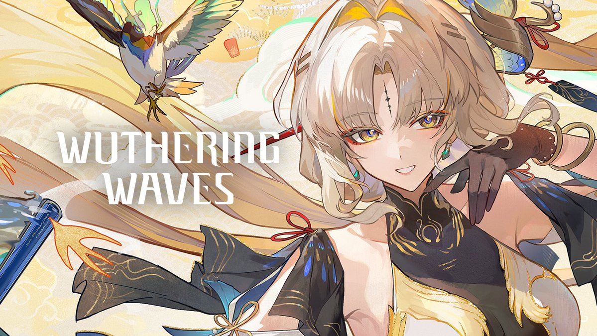Promotional artwork for 'WUTHERING WAVES' featuring an anime character with flowing blonde hair, golden eyes, and elaborate ornate clothing against a soft cloud background.