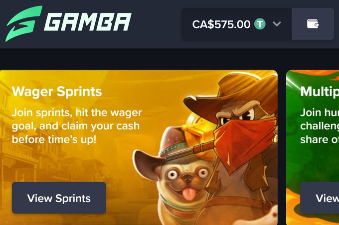A screenshot of the GAMBA gambling website showing a balance of CA$575.00 and a 'Wager Sprints' section featuring a cartoon pug dressed as a cowboy.