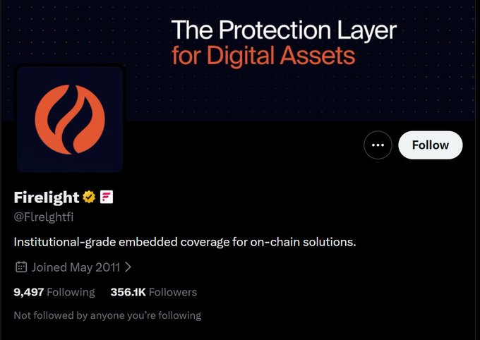 The image shows the official X/Twitter profile of "Firelight" (@Flrelghtfi), an account claiming to offer "institutional-grade embedded coverage for on-chain solutions," featuring a "Protection Layer for Digital Assets" banner, 356.1K followers, and a verified Flare badge.

The post relates to the image as a warning about scam accounts impersonating the official Firelight/Flare brand by copying their logo and badge to deceive users.