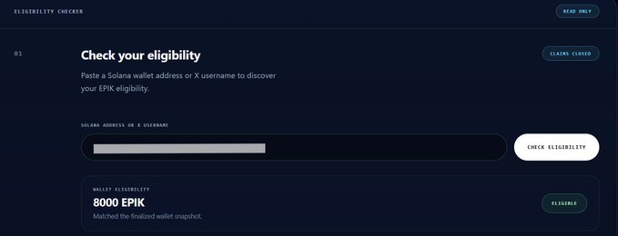 Another screenshot of the EPIK eligibility checker showing a result of "8000 EPIK" wallet eligibility, marked as "ELIGIBLE" after checking.