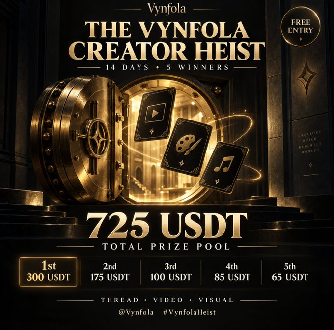 The image is a luxurious gold-and-black promotional graphic for "THE VYNFOLA CREATOR HEIST," featuring a vault door opening to reveal icons for thread, video, and visual content, with details highlighting a 725 USDT total prize pool distributed across five winners (1st: 300, 2nd: 175, 3rd: 100, 4th: 85, 5th: 65) over 14 days. The accompanying post contextualizes the heist as a creator challenge to demonstrate how influencers with 50,000 followers could leverage Vynfola to monetize directly from fans and reduce platform dependency.