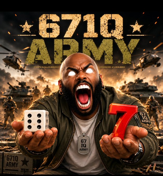 A fierce “671Q ARMY” soldier roars while brandishing a die and a glowing red 7 amid a battlefield of helicopters and tanks, embodying the $67 Drop and the “missing deadline” hype promoted by @sixsevenapp.
