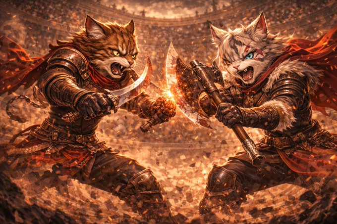 Two armored cat warriors clash with a curved blade and battle axe in a fiery arena, sparks flying between them as they snarl mid-combat. The image visually amplifies the post's call to arms for the upcoming Heimdall Arena Championship and Odin Arena Season, capturing the fierce, champion-level battle awaiting returning competitors.
