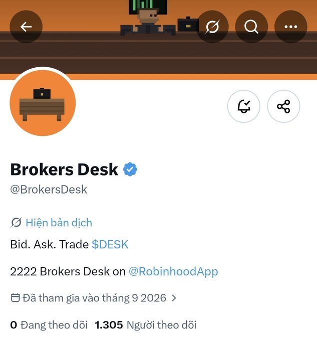 The image shows a Twitter/X profile for "Brokers Desk" (@BrokersDesk) with a verified blue checkmark, displaying their tagline "Bid. Ask. Trade $DESK" and noting they joined in September 2026 with 1,305 followers. This matches the accompanying post announcing the official opening of the Brokers Desk platform, where the "$DESK" ticker and referral-based leaderboard promotion for the top 1,000 invites align with the profile's branding.