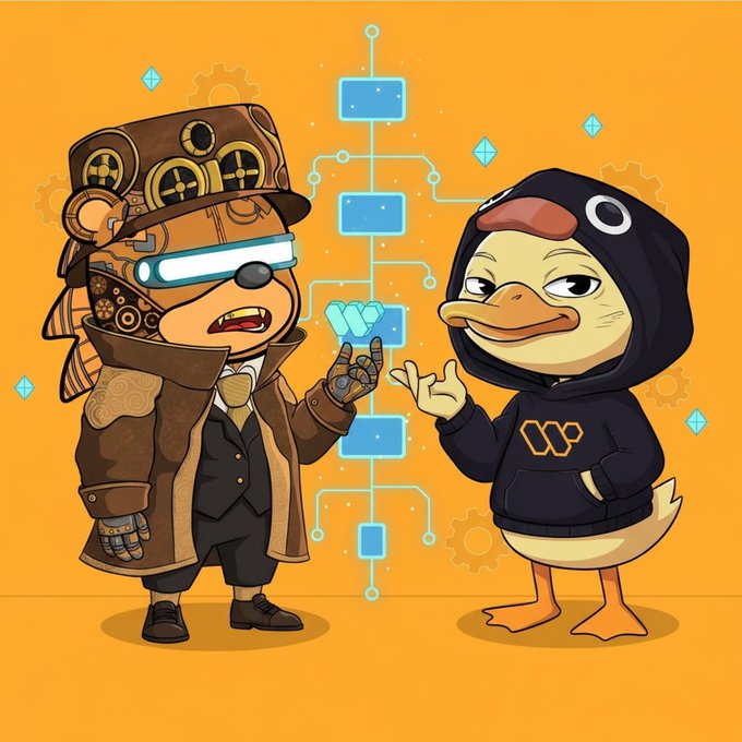 A steampunk-styled bear with a glowing VR visor and a duck in a black "W" hoodie stand beside a blockchain-style network graphic featuring the Wix.com logo, visually representing the crypto/Web3 integration partnership mentioned in the post about Wallchain's onchain audience analytics.