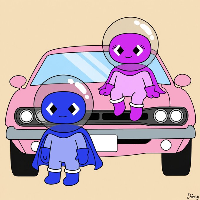 A cartoon illustration showing two cute astronaut-like figures—one blue and one purple, both with diamond-shaped eyes inside transparent bubble helmets—posing in front of a pink car, signed 'Dboy'.