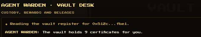 The image shows a "Vault Desk" interface from Agent Warden displaying "The vault holds 9 certificates for you," corresponding to the user's post about successfully staking all 9 of their Royal Mechanica certificates and being ready to collect rewards.