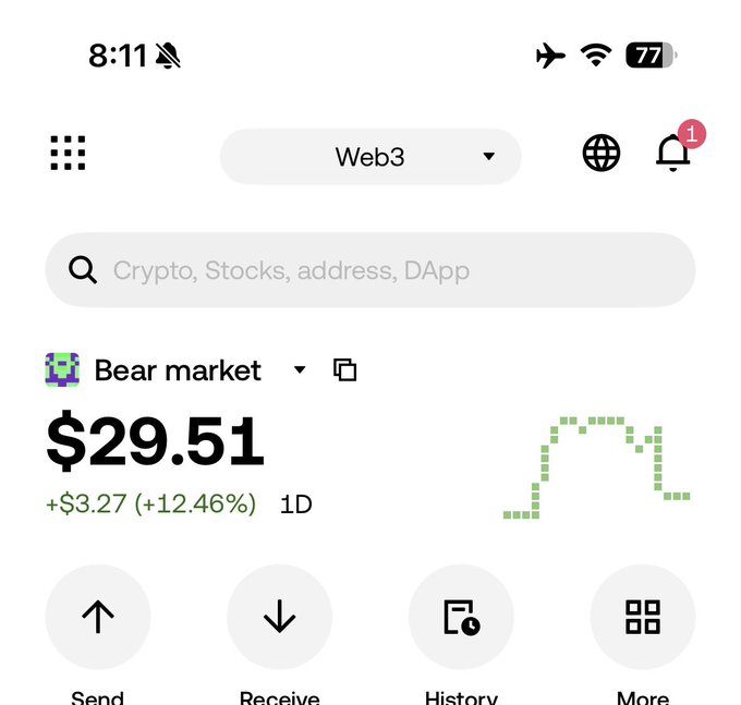 A mobile phone screenshot of a cryptocurrency wallet app showing a portfolio titled 'Bear market' with a total value of '$29.51', a daily increase of '+$3.27 (+12.46%)', and a pixelated line graph, featuring a 'Web3' dropdown and a search bar for 'Crypto, Stocks, address, DApp'.