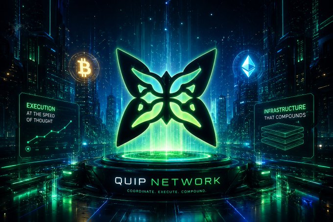 The image features a futuristic cityscape with buildings of various sizes, neon lights, and a large butterfly-shaped logo prominently displayed at the center. The background includes text that reads "execution", "executives", "executing", and "executing ideas". The phrase "quip network" is also present in the image.