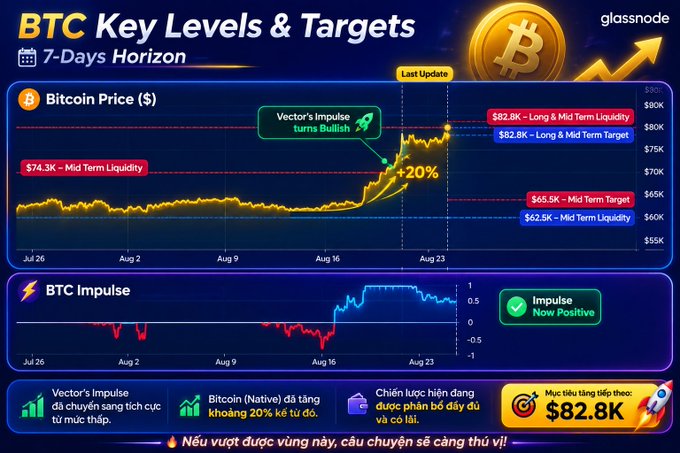 A 'BTC Key Levels & Targets' chart from glassnode with a 7-days horizon, displaying Bitcoin's price surge with a 'Vector's Impulse turns Bullish' annotation and a +20% gain, along with key liquidity and target levels.