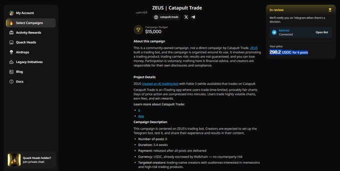 A screenshot of the ZEUS Catapult Trade campaign page, showing details for an AI trading bot campaign with a $15,000 budget.