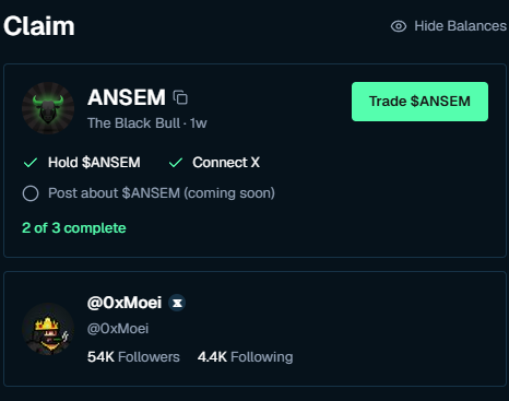 A dark-themed airdrop claim interface shows the $ANSEM token with 2 of 3 tasks complete—holding $ANSEM and connecting X—while a third task to post about $ANSEM is marked as "coming soon," alongside a Trade $ANSEM button and the connected X account "@0xMoei" with 54K followers. The image illustrates the airdrop farming process described, highlighting that only one step remains for eligible holders.