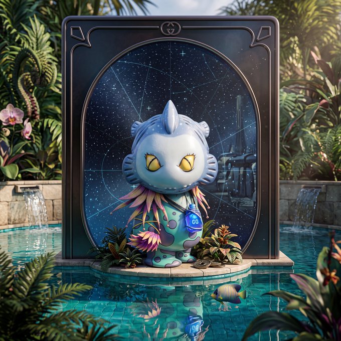An artistic rendering of a cute, light blue fantasy creature with yellow eyes wearing a floral collar and a blue 'GG' tag, standing in a pool surrounded by tropical plants and framed by an ornate arch.