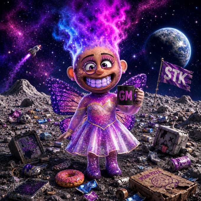 A vibrant AI-generated fantasy illustration depicting a glittery purple-haired fairy-like character with butterfly wings standing on a trash-covered lunar landscape, holding a 'GM' mug, with Earth visible in the starry space background alongside a rocket and an 'STK' flag.
