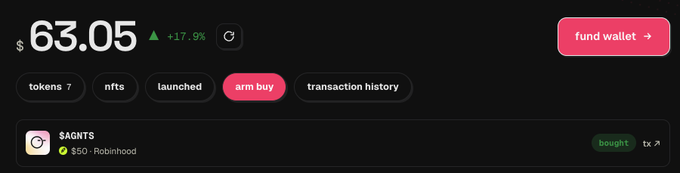 A digital wallet dashboard displays a $63.05 balance with a +17.9% gain, featuring a recent "$AGNTS" purchase of $850 via Robinhood, with the "arm buy" tab selected—aligning with the post's excitement about the AGNTS launch and upcoming NFT activations and swaps.