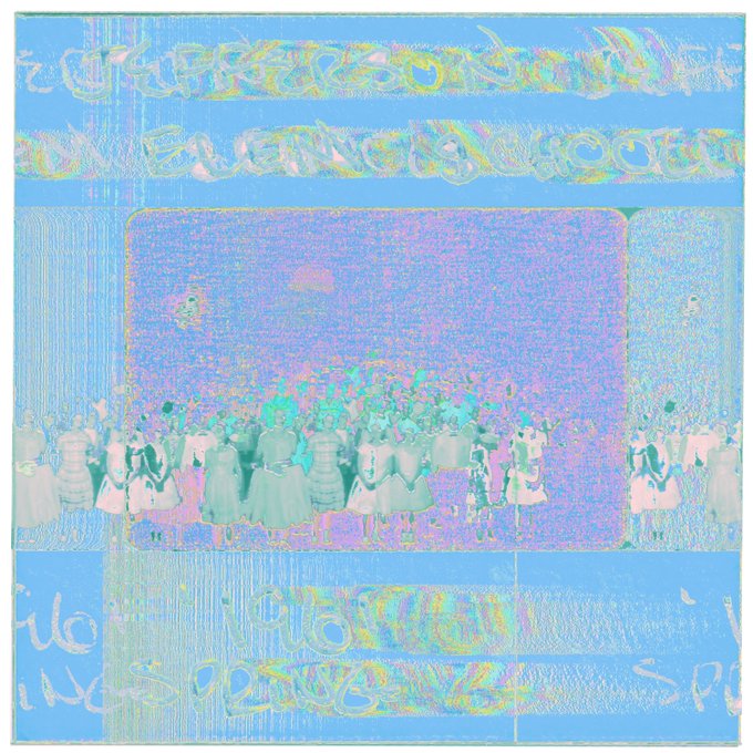 A glitchy, distorted digital artwork with a pastel blue and pink color scheme showing faint silhouettes of figures in dresses, with mirrored text along the top and bottom borders creating a corrupted visual effect.