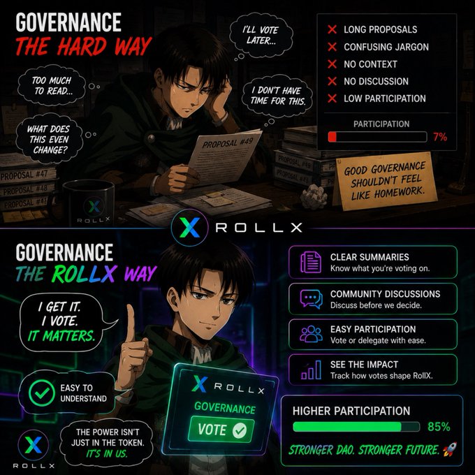 A two-panel promotional graphic for RollX contrasting 'Governance the Hard Way' (showing frustration, 7% participation, problems like long proposals and confusing jargon) versus 'Governance the RollX Way' (showing clarity, 85% participation, features like clear summaries, community discussions, and easy voting).
