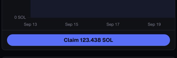 A dark-themed dashboard from Axiom Exchange displays a chart tracking 0 SOL from Sep 13 to Sep 19, with a prominent blue button reading "Claim 123.438 SOL" below it, suggesting the user is eligible to claim a significant airdrop reward from the platform.