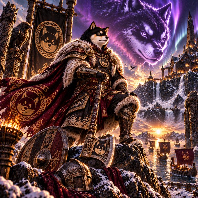 A fantasy digital artwork depicting an anthropomorphic shiba inu warrior dressed in elaborate armor and a fur-lined cape, sitting atop a snowy peak with Viking ships and castles in the background.