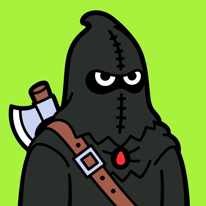 A cartoon-style illustration of a hooded executioner figure wearing a black mask with angry eyes, a stitched hood, and a red teardrop marking, carrying a hatchet on his back against a bright green background.