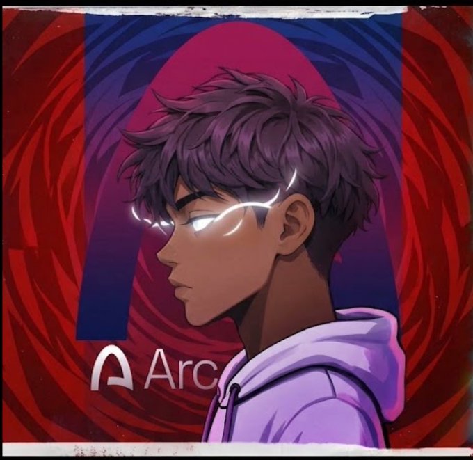 Anime-style illustration of a dark-haired character with glowing white eyes in a purple hoodie, set against a red swirling background with the 'Arc' logo visible.