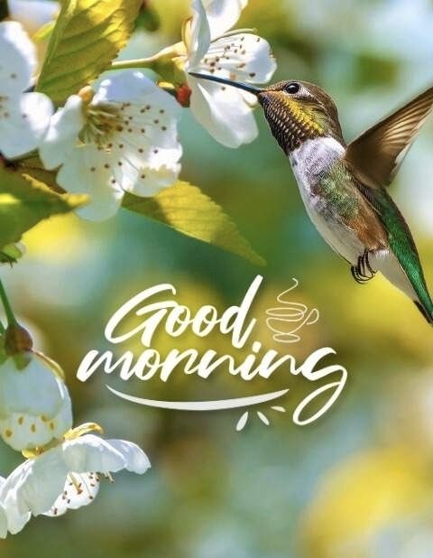 A hummingbird with iridescent green plumage hovers near white blossoms against a soft green background, with the text "Good morning" written in elegant white script.