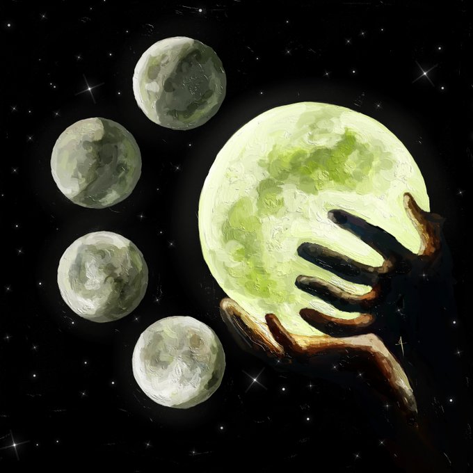 A painting depicts two dark hands cradling a large glowing green moon against a starry black sky, accompanied by four smaller greyish-green celestial spheres.