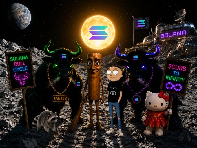 A vibrant crypto-themed scene set on a lunar landscape features characters and bulls branded with Solana, alongside signs reading "SOLANA BULL CYCLE" and "$CURB TO INFINITY," with a "SOLANA" space station and Ethereum logos in the background. The image visually reinforces the bullish Solana sentiment referenced by the tickers $SOL, $ANSEM, $CURB, and $KITTY in the morning post.