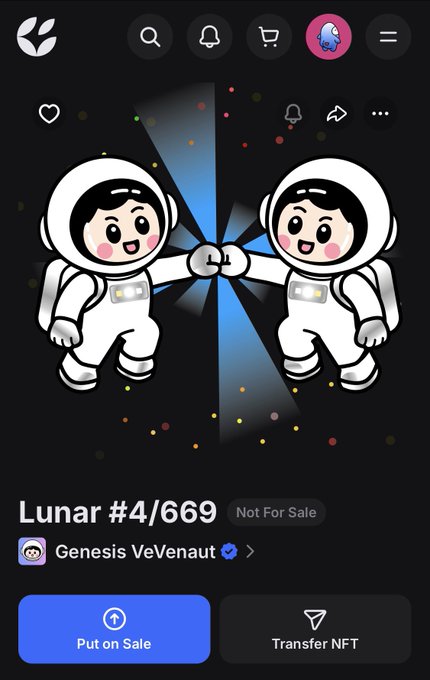 The image shows a phone screen with a cartoon depiction of two people wearing astronaut suits, standing next to each other against a black background. The screen also displays an advertisement for a product called "Luna #4/667" that is being sold on eBay. The text in the image suggests that this product has been successfully listed and is now available for sale.