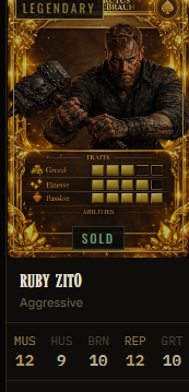 A video game screenshot displays a "LEGENDARY" card featuring "RUBY ZITO" with an "Aggressive" trait, marked as "SOLD." The card shows stats of MUS 12, HUS 9, BRN 10, REP 12, and GRT 10, illustrating the player's claim of selling their two Legendary cards in the game Syndicate after winning a tournament final.