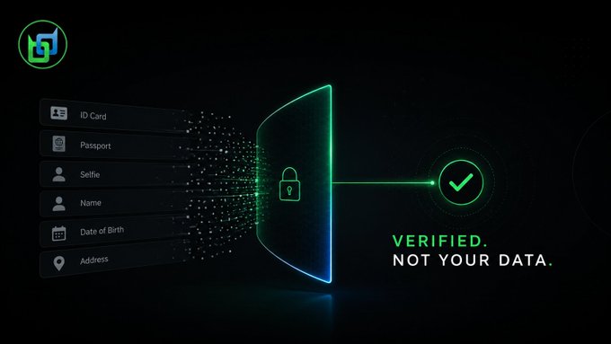 A digital security graphic shows personal data fields (ID Card, Passport, Selfie, Name, Date of Birth, Address) flowing through a shield with a lock icon, alongside the text 'VERIFIED. NOT YOUR DATA.'